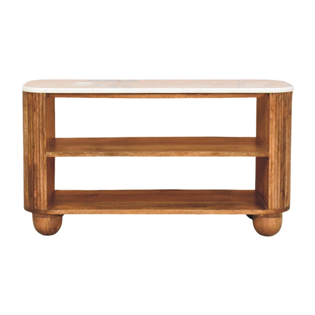Brown Lacquered Golden Teak Solid Mango Wood Beaumont Marble Shoe Bench with Fluted Sides