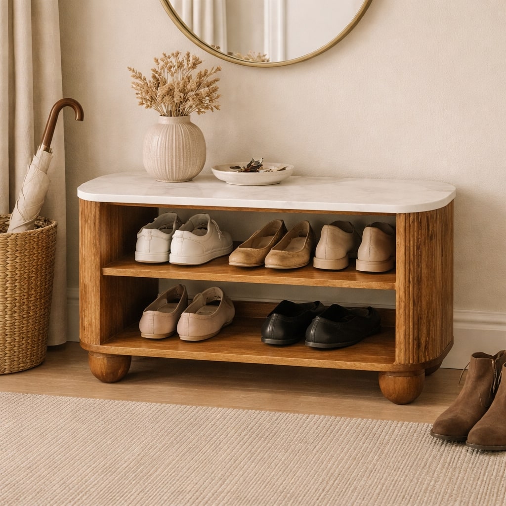 Brown Lacquered Golden Teak Solid Mango Wood Beaumont Marble Shoe Bench with Fluted Sides