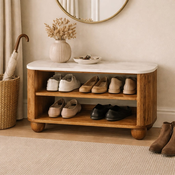 Brown Lacquered Golden Teak Solid Mango Wood Beaumont Marble Shoe Bench with Fluted Sides