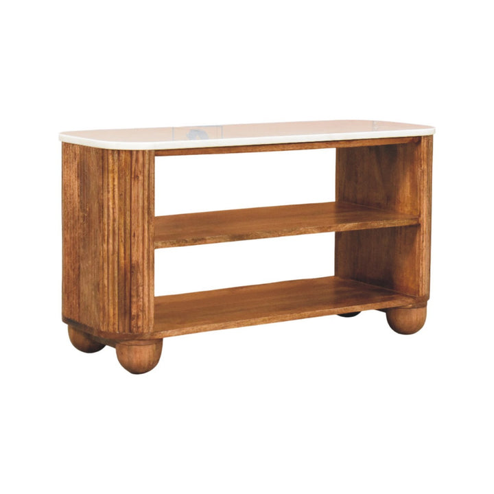 Brown Lacquered Golden Teak Solid Mango Wood Beaumont Marble Shoe Bench with Fluted Sides
