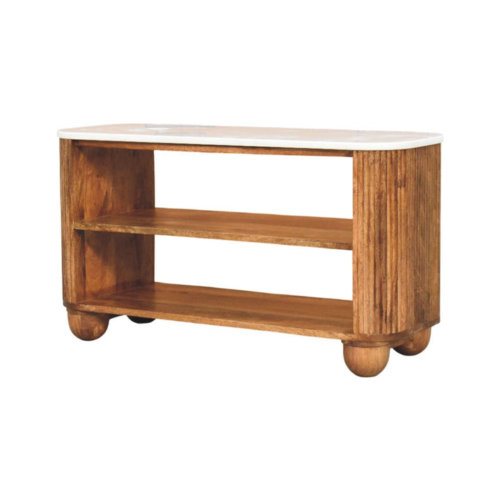 Brown Lacquered Golden Teak Solid Mango Wood Beaumont Marble Shoe Bench with Fluted Sides