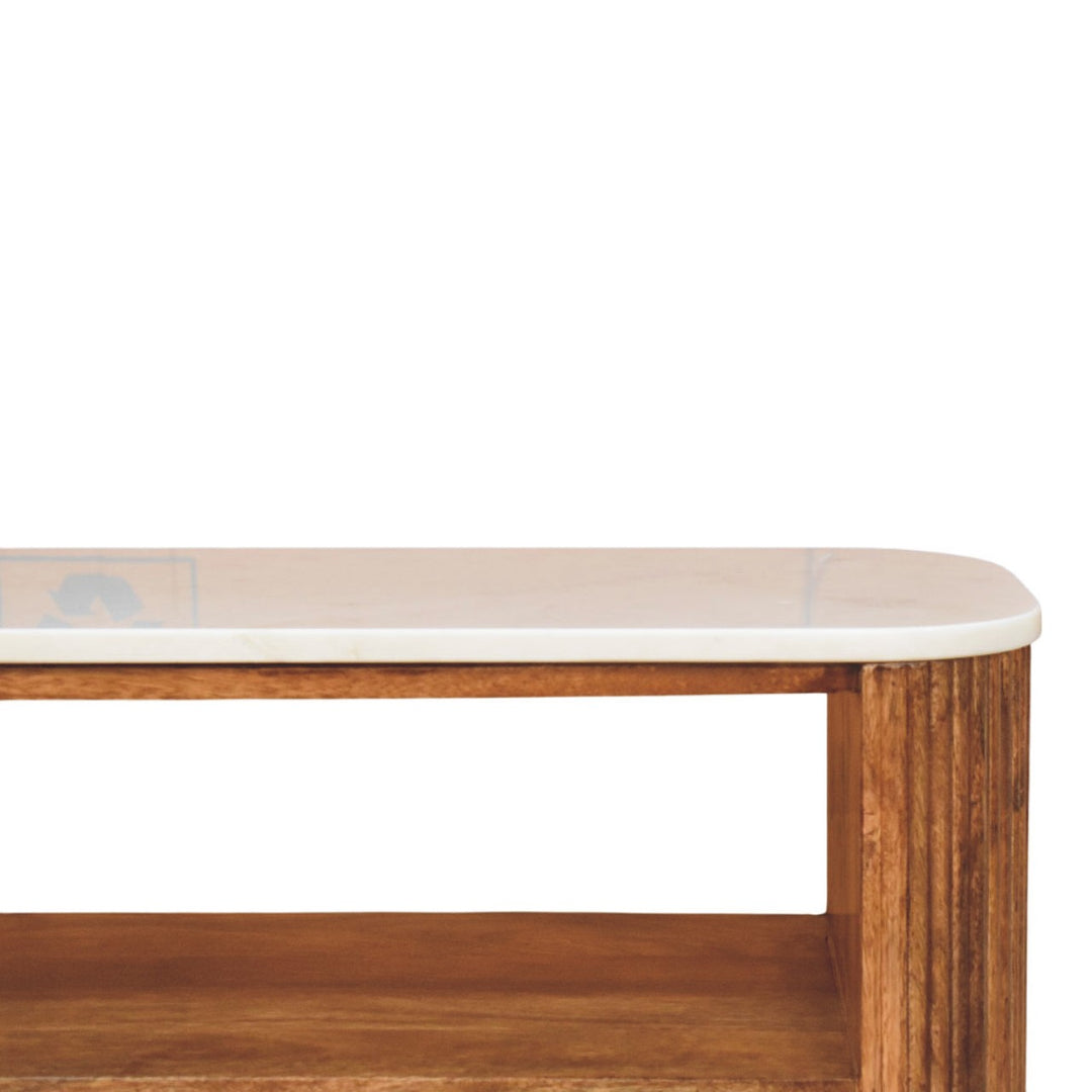 Brown Lacquered Golden Teak Solid Mango Wood Beaumont Marble Shoe Bench with Fluted Sides