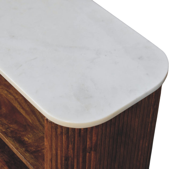 Brown Lacquered Golden Teak Solid Mango Wood Beaumont Marble Shoe Bench with Fluted Sides