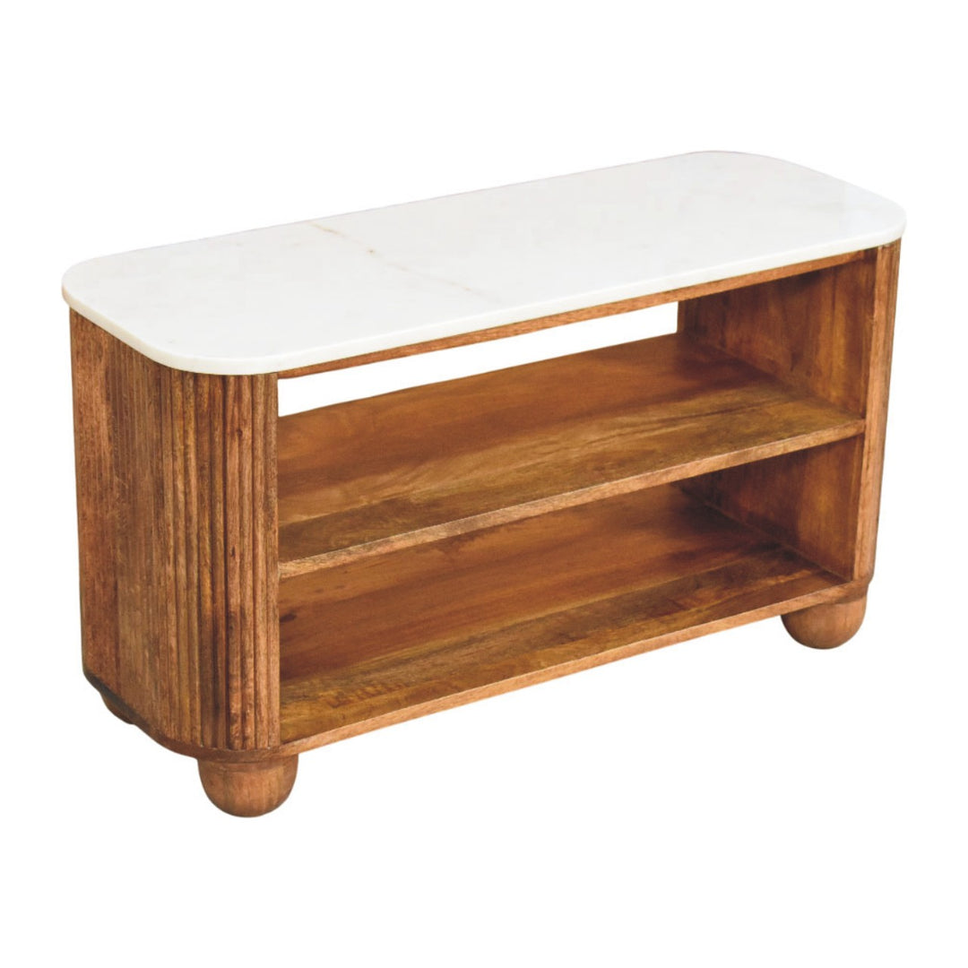 Brown Lacquered Golden Teak Solid Mango Wood Beaumont Marble Shoe Bench with Fluted Sides