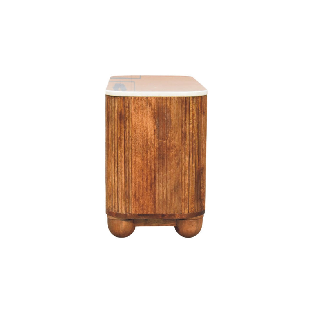 Brown Lacquered Golden Teak Solid Mango Wood Beaumont Marble Shoe Bench with Fluted Sides