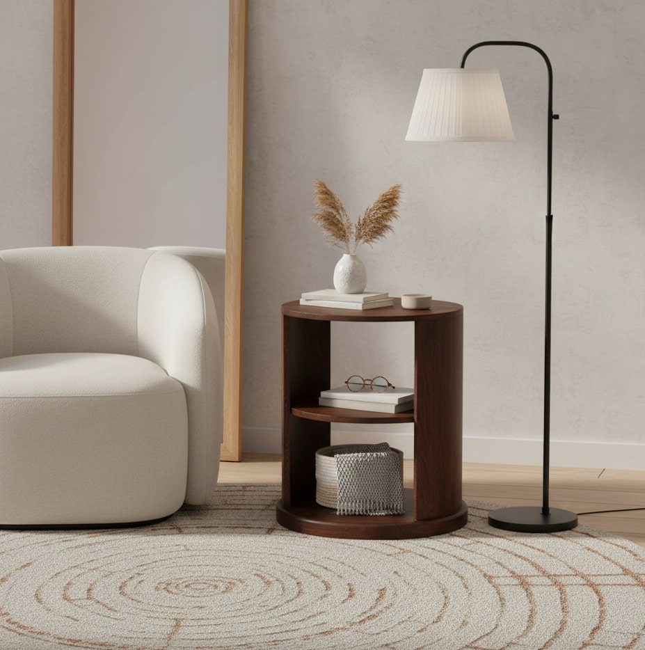 Brown Walnut Veneer Solid Mango Wood Ventura Side Table with Dual Open Shelves