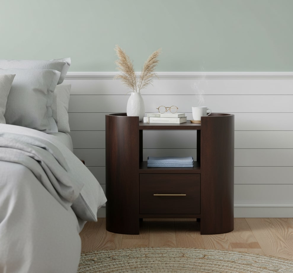 Brown Velvet Solid Mango Wood Nightstand with 1 Drawer, 1 Open Shelf & Classic Grey Finish