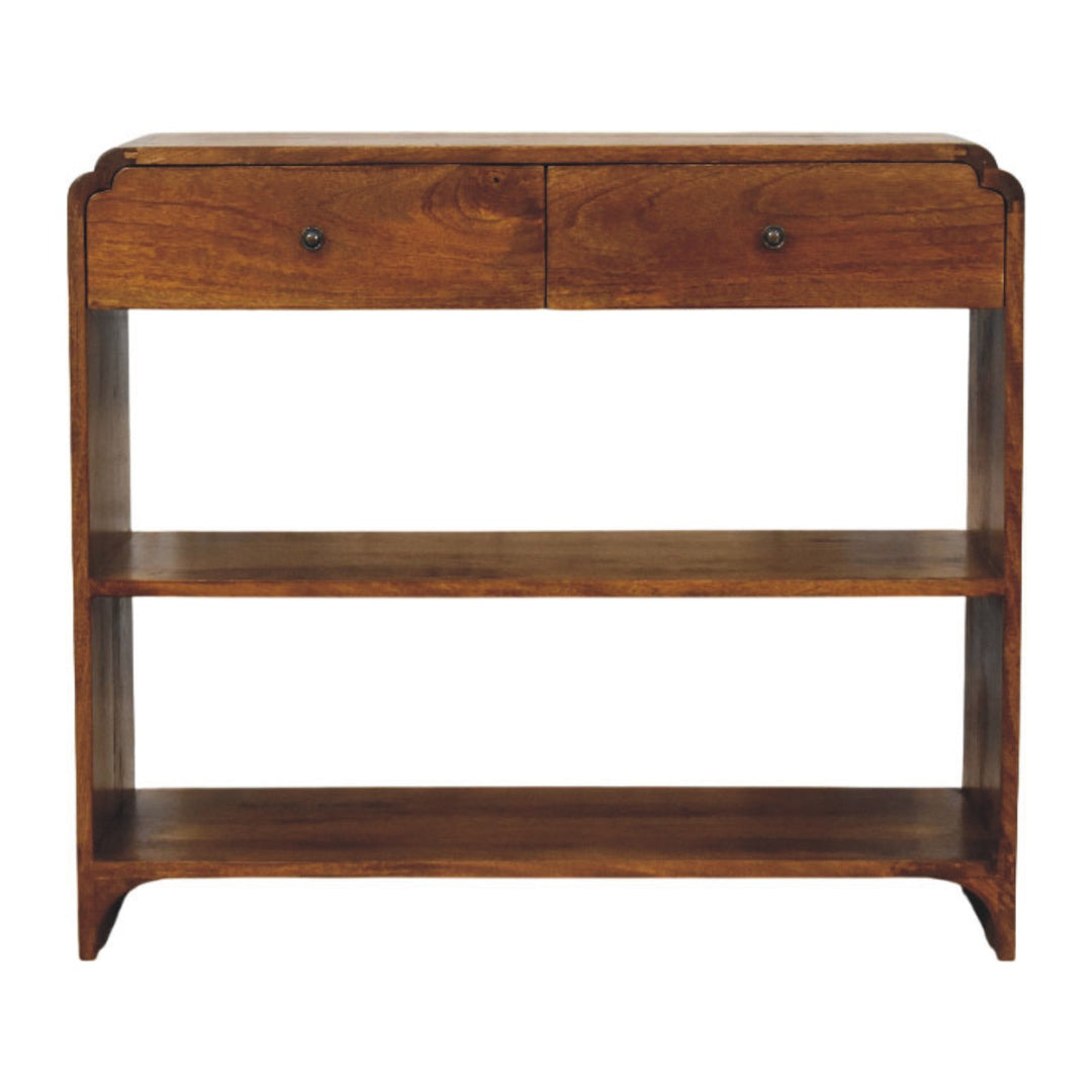 Brown Lacquered Chestnut Solid Mango Wood Ellington Console with 2 Drawers & Open Shelf