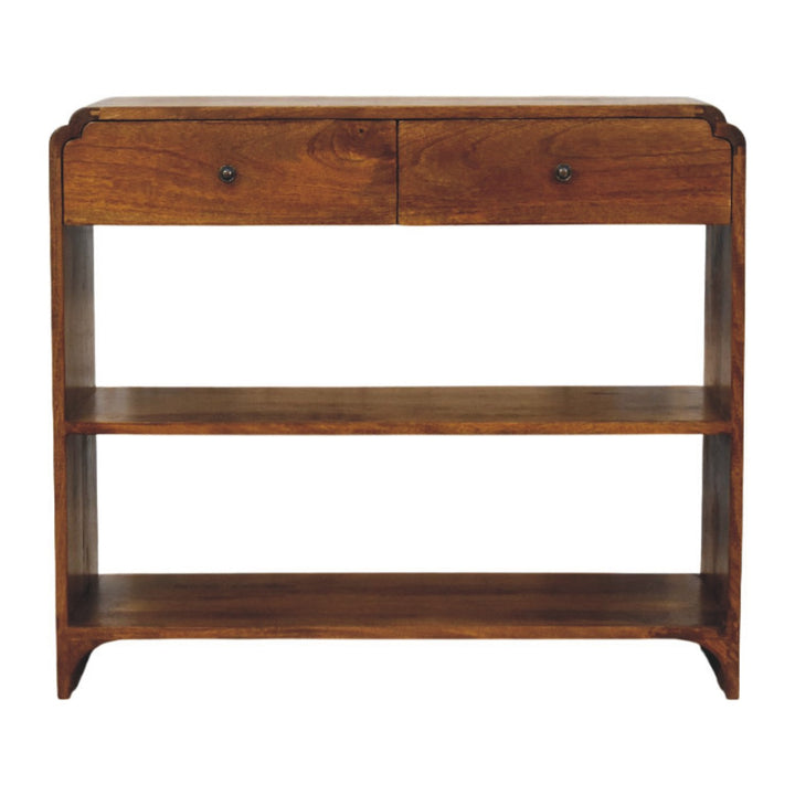 Brown Lacquered Chestnut Solid Mango Wood Ellington Console with 2 Drawers & Open Shelf