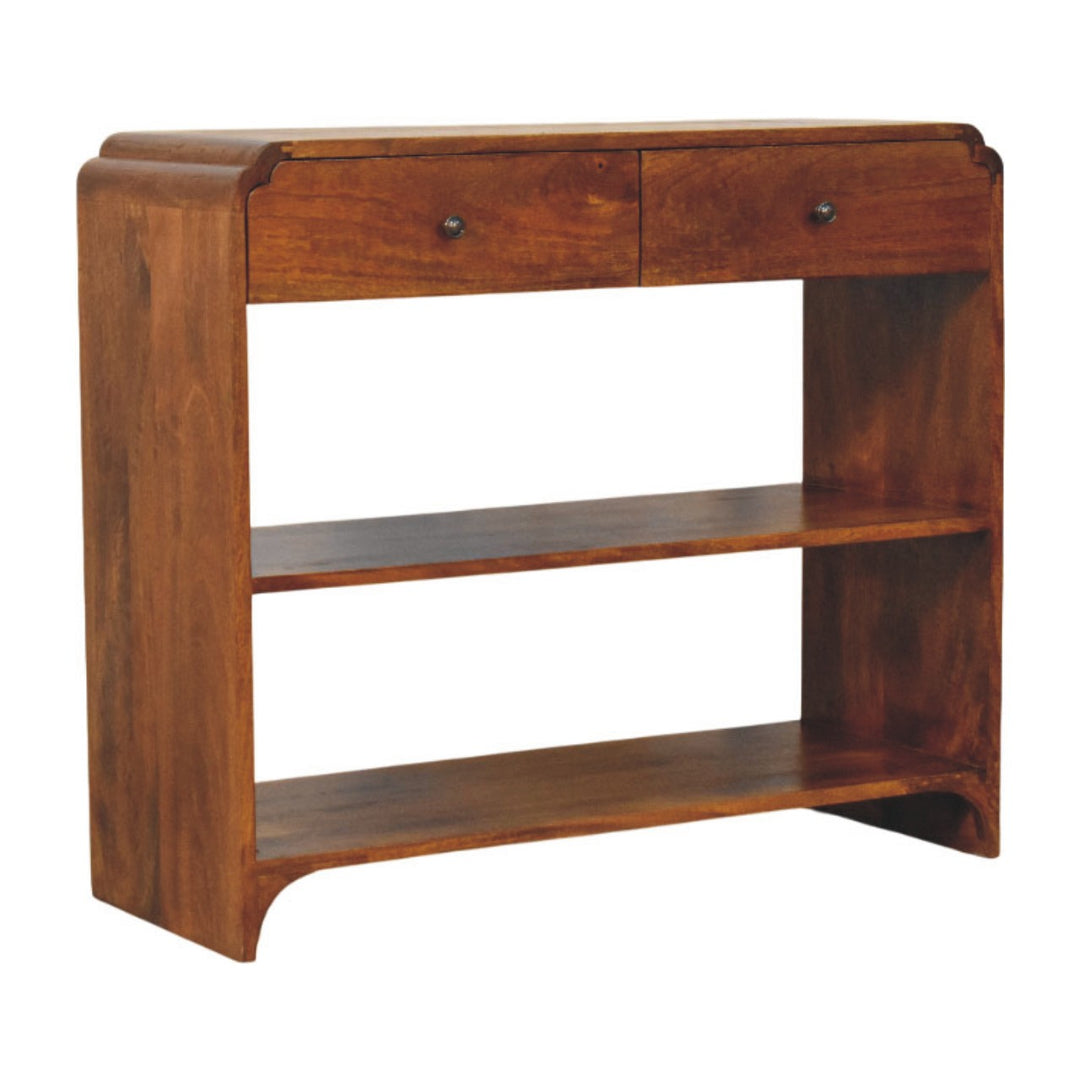 Brown Lacquered Chestnut Solid Mango Wood Ellington Console with 2 Drawers & Open Shelf