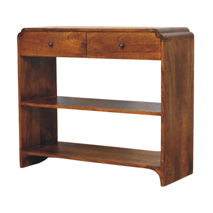 Brown Lacquered Chestnut Solid Mango Wood Ellington Console with 2 Drawers & Open Shelf