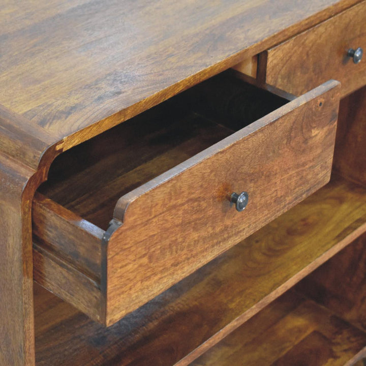 Brown Lacquered Chestnut Solid Mango Wood Ellington Console with 2 Drawers & Open Shelf