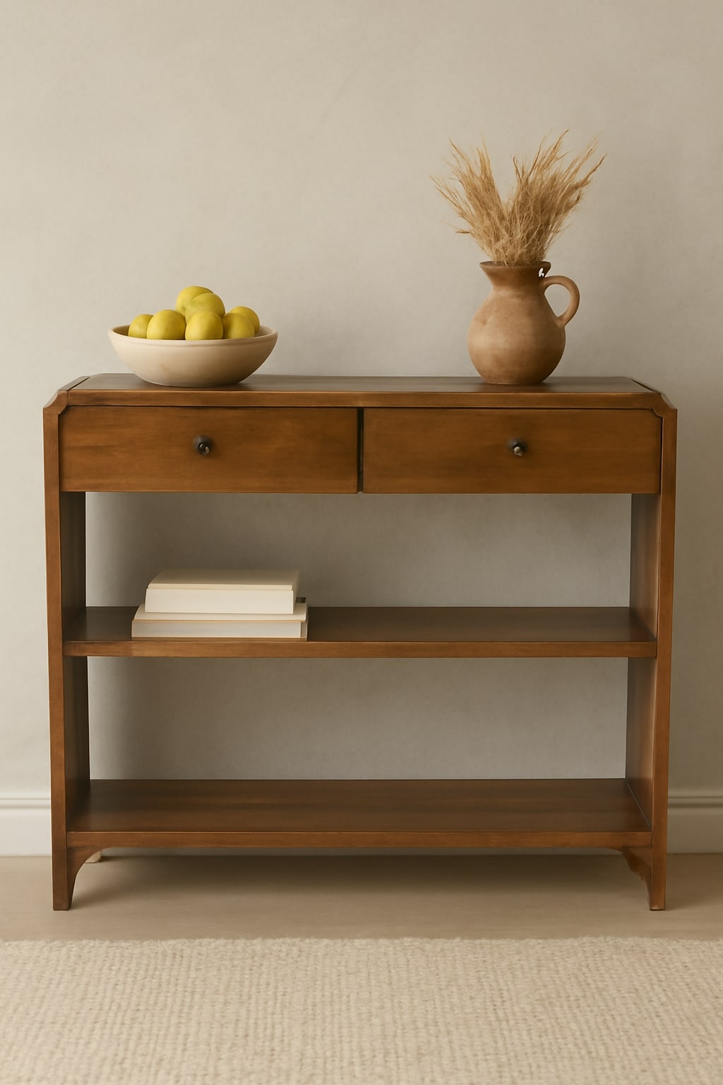 Brown Lacquered Chestnut Solid Mango Wood Ellington Console with 2 Drawers & Open Shelf