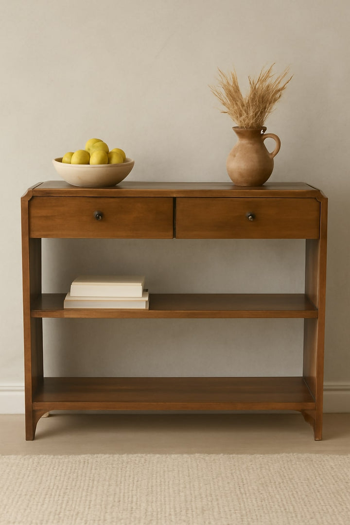 Brown Lacquered Chestnut Solid Mango Wood Ellington Console with 2 Drawers & Open Shelf