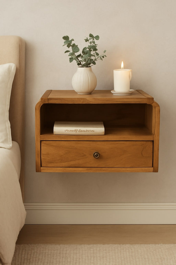 Brown Oak Veneer Solid Mango Wood Avora Wall-Mounted Bedside with White Marble Top