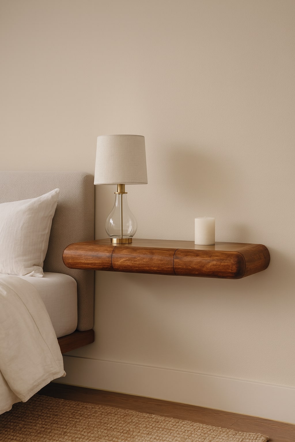 Brown Lacquered Amber Oak Solid Mango Wood Solis Curved Wall Console with Concealed Drawer