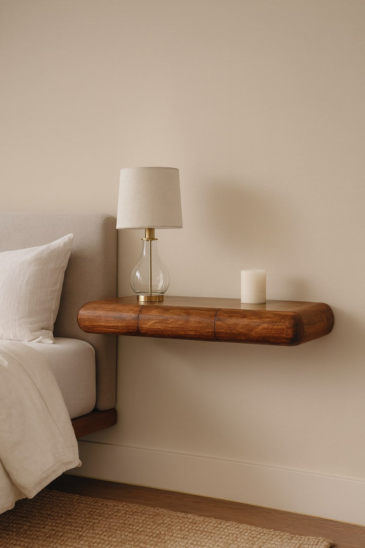 Floating Solid Wood Wall-Mounted Bedside Table – Rounded Edge Nightstand with Hidden Storage