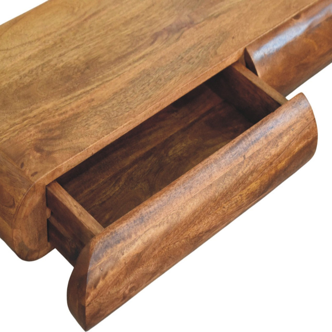 Brown Lacquered Amber Oak Solid Mango Wood Solis Wall Console with 3 Concealed Drawers