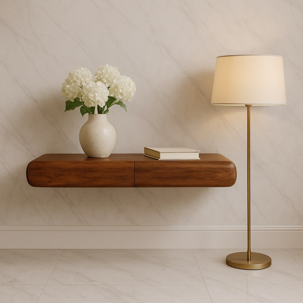 Brown Lacquered Amber Oak Solid Mango Wood Solis Wall Console with 3 Concealed Drawers