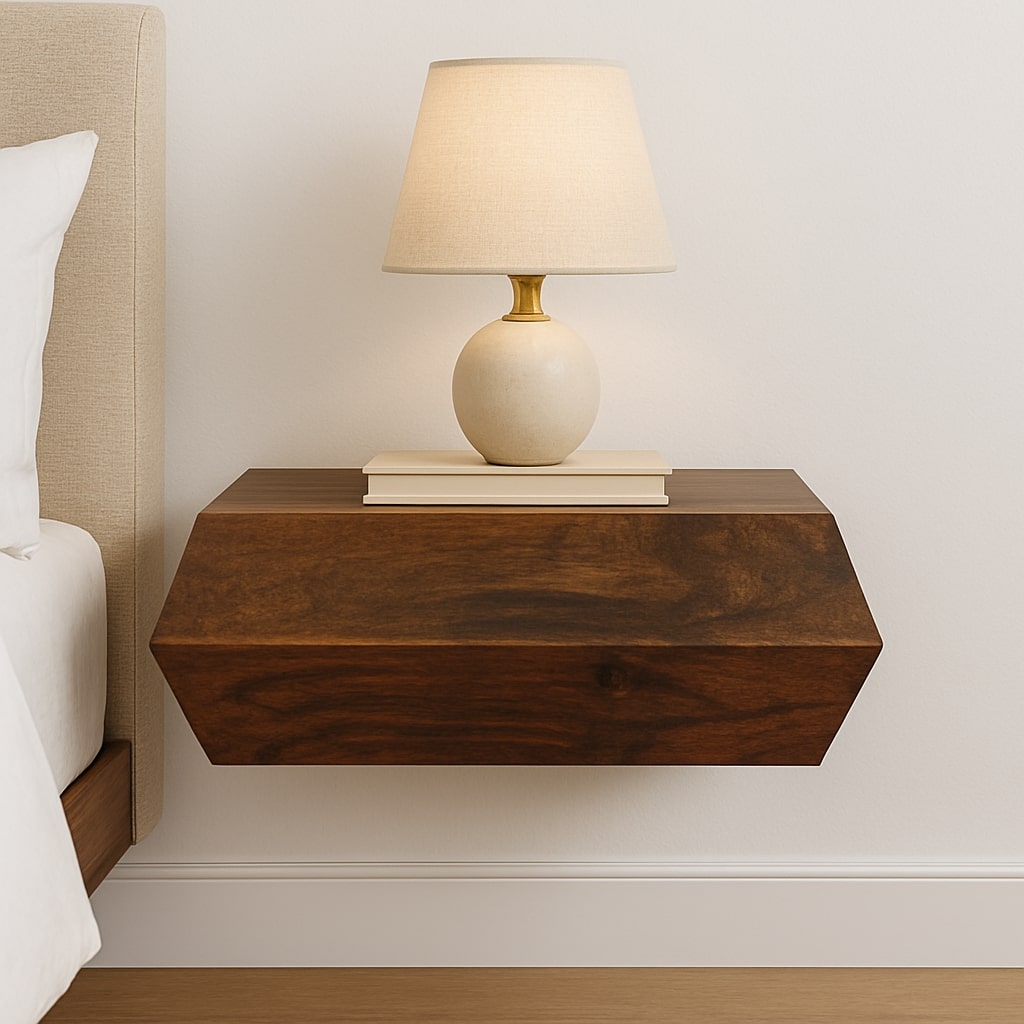 Chocolate Brown Lacquered Golden Teak Solid Mango Wood Prisma Wall Unit with Geometric Design