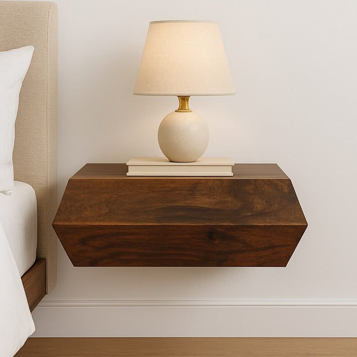 Chocolate Brown Lacquered Golden Teak Solid Mango Wood Prisma Wall Unit with Geometric Design