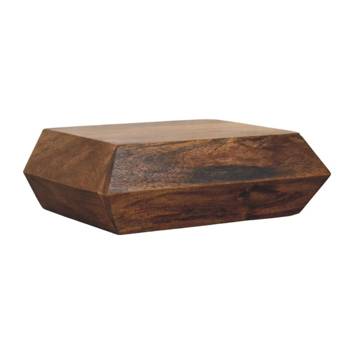 Chocolate Brown Lacquered Golden Teak Solid Mango Wood Prisma Wall Unit with Geometric Design