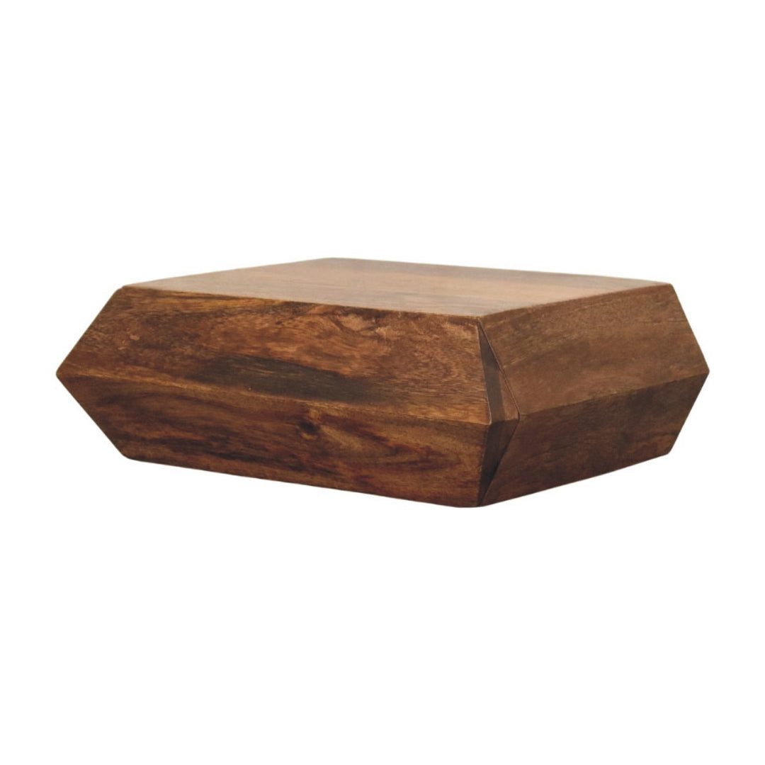 Chocolate Brown Lacquered Golden Teak Solid Mango Wood Prisma Wall Unit with Geometric Design