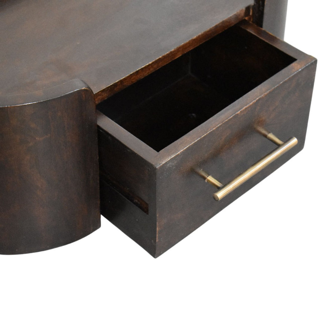 Brown Lacquered Roasted Almond Solid Mango Wood Arc-Line Multimedia Console with Open Niche & Drawers
