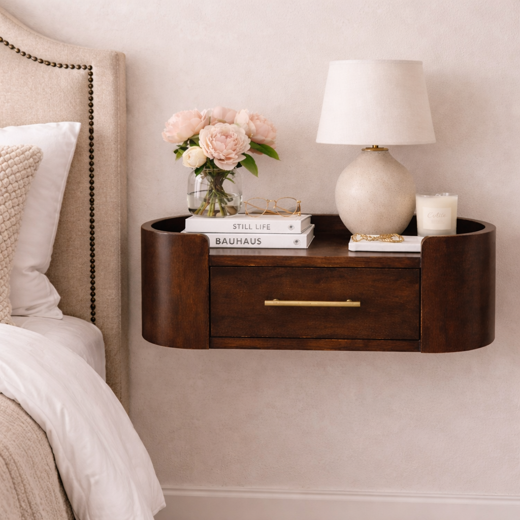 Chocolate Brown Velvet Solid Mango Wood Valencia Wall-Mounted Bedside with Golden Teak Marble Top