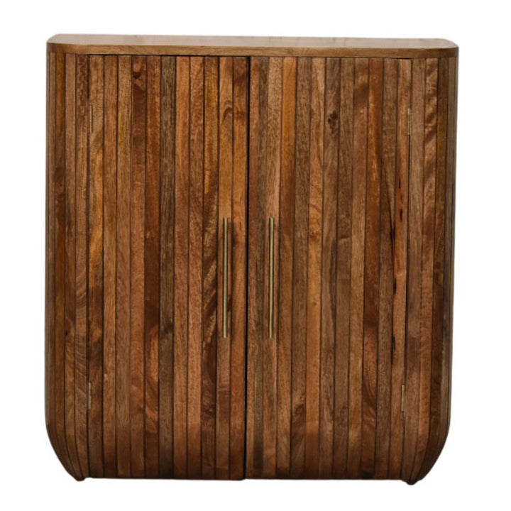 Brown Lacquered Golden Teak Solid Mango Wood Fluted Curved Wardrobe with Vertical Panels