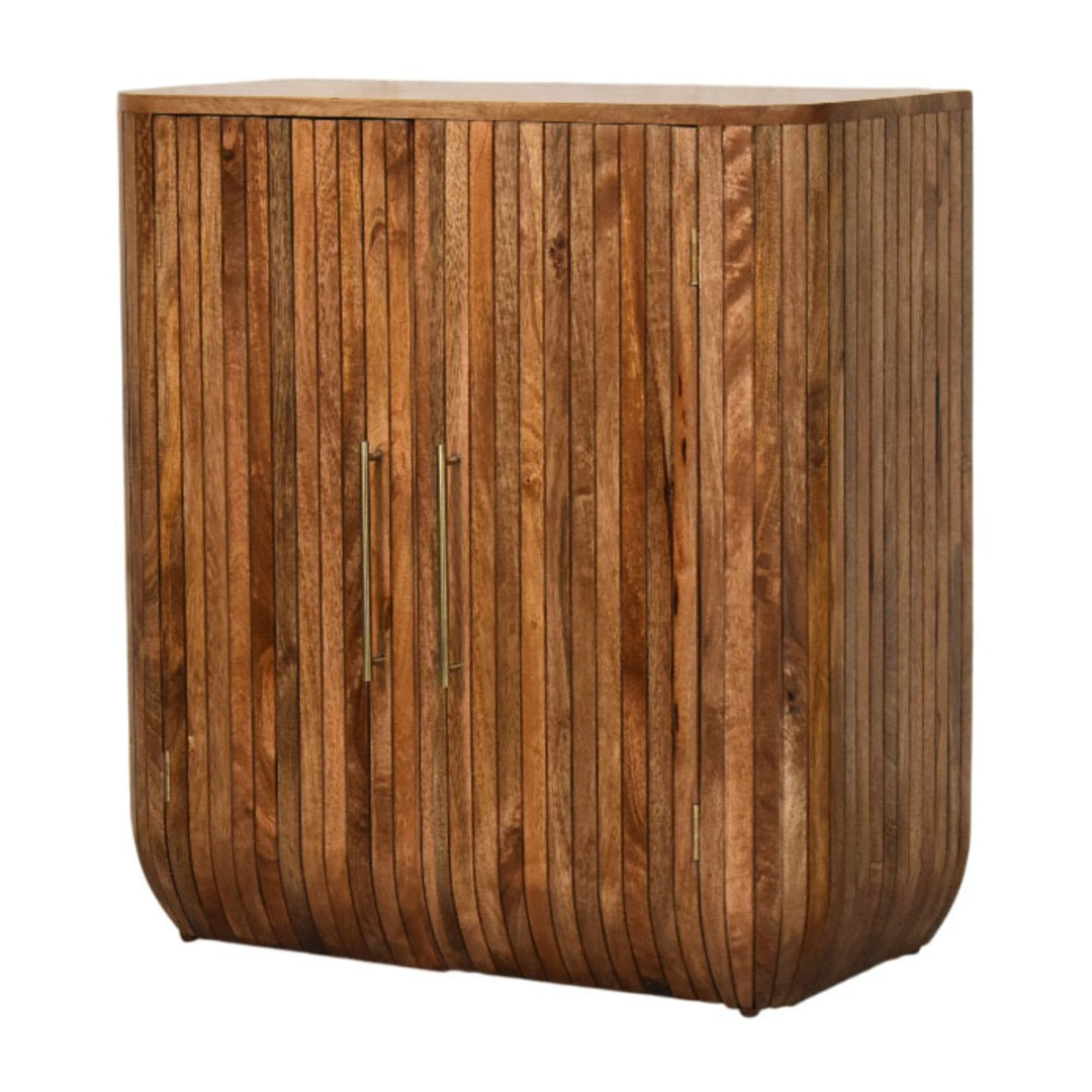 Brown Lacquered Golden Teak Solid Mango Wood Fluted Curved Wardrobe with Vertical Panels