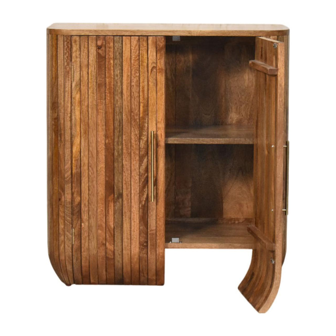 Brown Lacquered Golden Teak Solid Mango Wood Fluted Curved Wardrobe with Vertical Panels