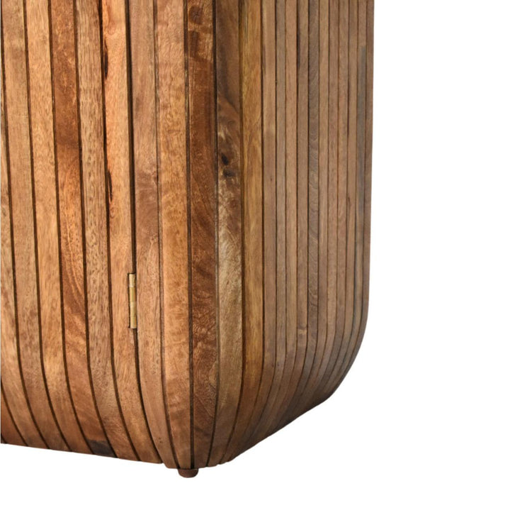 Brown Lacquered Golden Teak Solid Mango Wood Fluted Curved Wardrobe with Vertical Panels