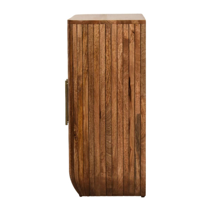 Brown Lacquered Golden Teak Solid Mango Wood Fluted Curved Wardrobe with Vertical Panels