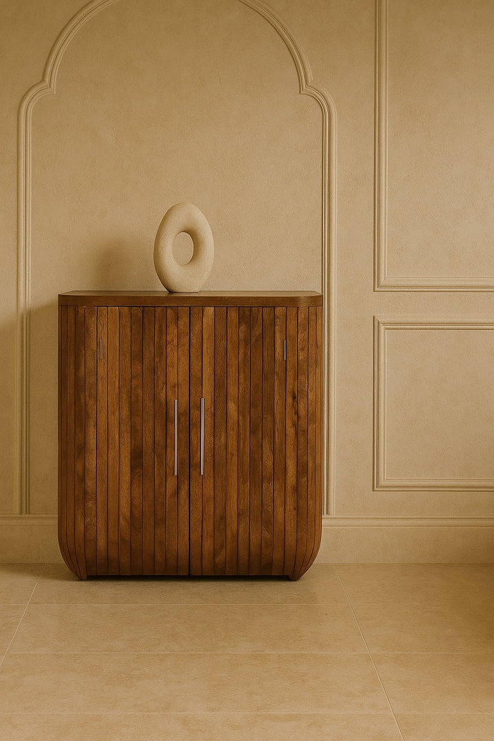 Brown Lacquered Golden Teak Solid Mango Wood Fluted Curved Wardrobe with Vertical Panels