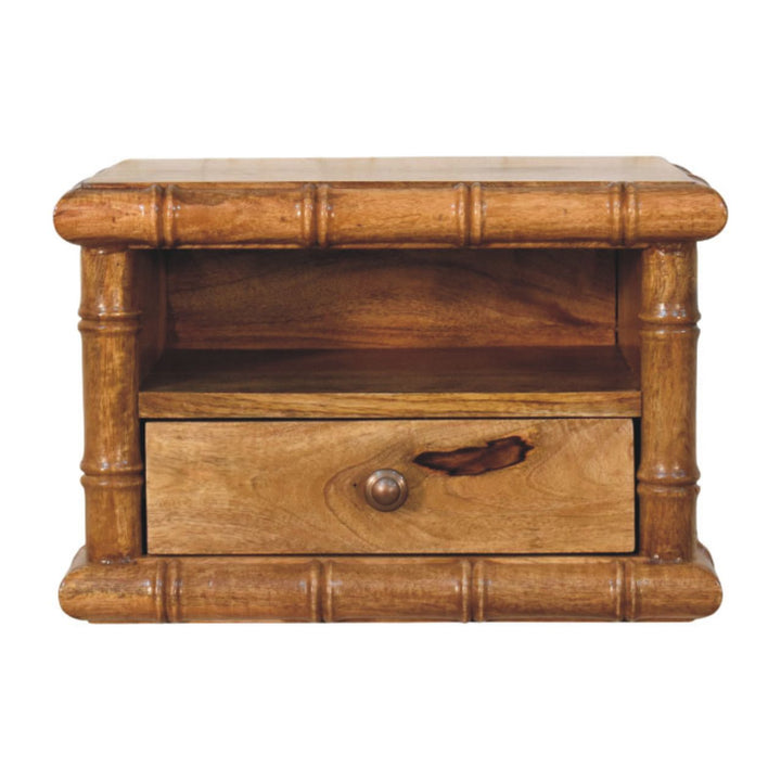 Brown Lacquered Solid Mango Wood Chunky Bedside with 1 Drawer, 1 Open Shelf & Tapered Legs