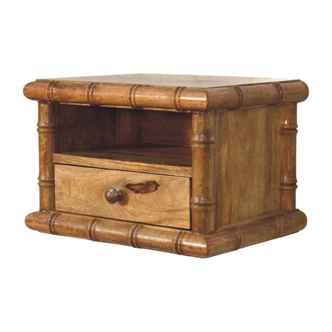 Brown Lacquered Solid Mango Wood Chunky Bedside with 1 Drawer, 1 Open Shelf & Tapered Legs