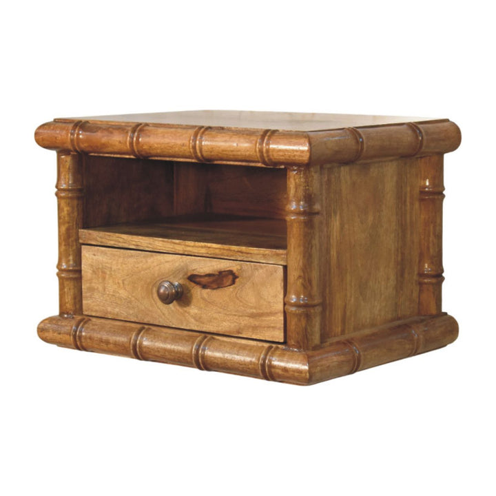 Brown Lacquered Solid Mango Wood Chunky Bedside with 1 Drawer, 1 Open Shelf & Tapered Legs