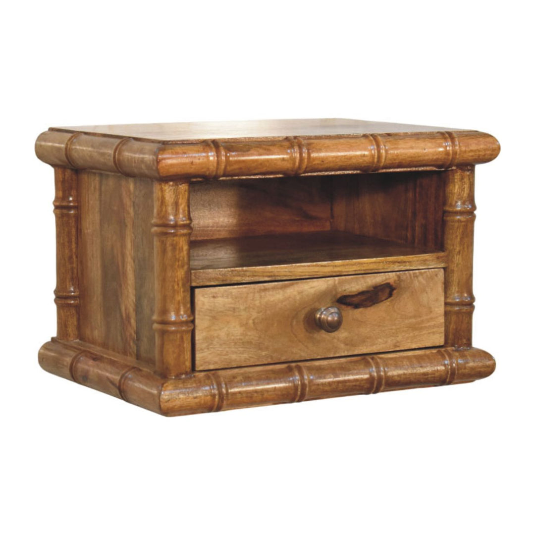 Brown Lacquered Solid Mango Wood Chunky Bedside with 1 Drawer, 1 Open Shelf & Tapered Legs