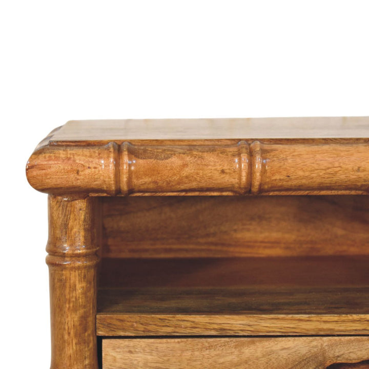 Brown Lacquered Solid Mango Wood Chunky Bedside with 1 Drawer, 1 Open Shelf & Tapered Legs
