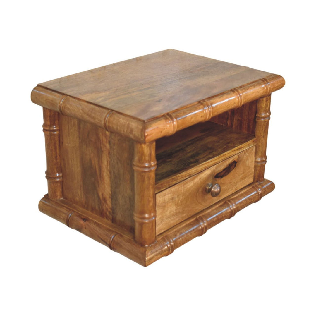 Brown Lacquered Solid Mango Wood Chunky Bedside with 1 Drawer, 1 Open Shelf & Tapered Legs