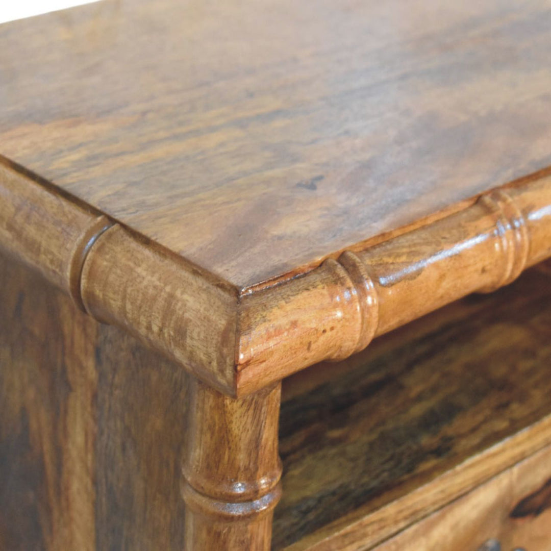 Brown Lacquered Solid Mango Wood Chunky Bedside with 1 Drawer, 1 Open Shelf & Tapered Legs