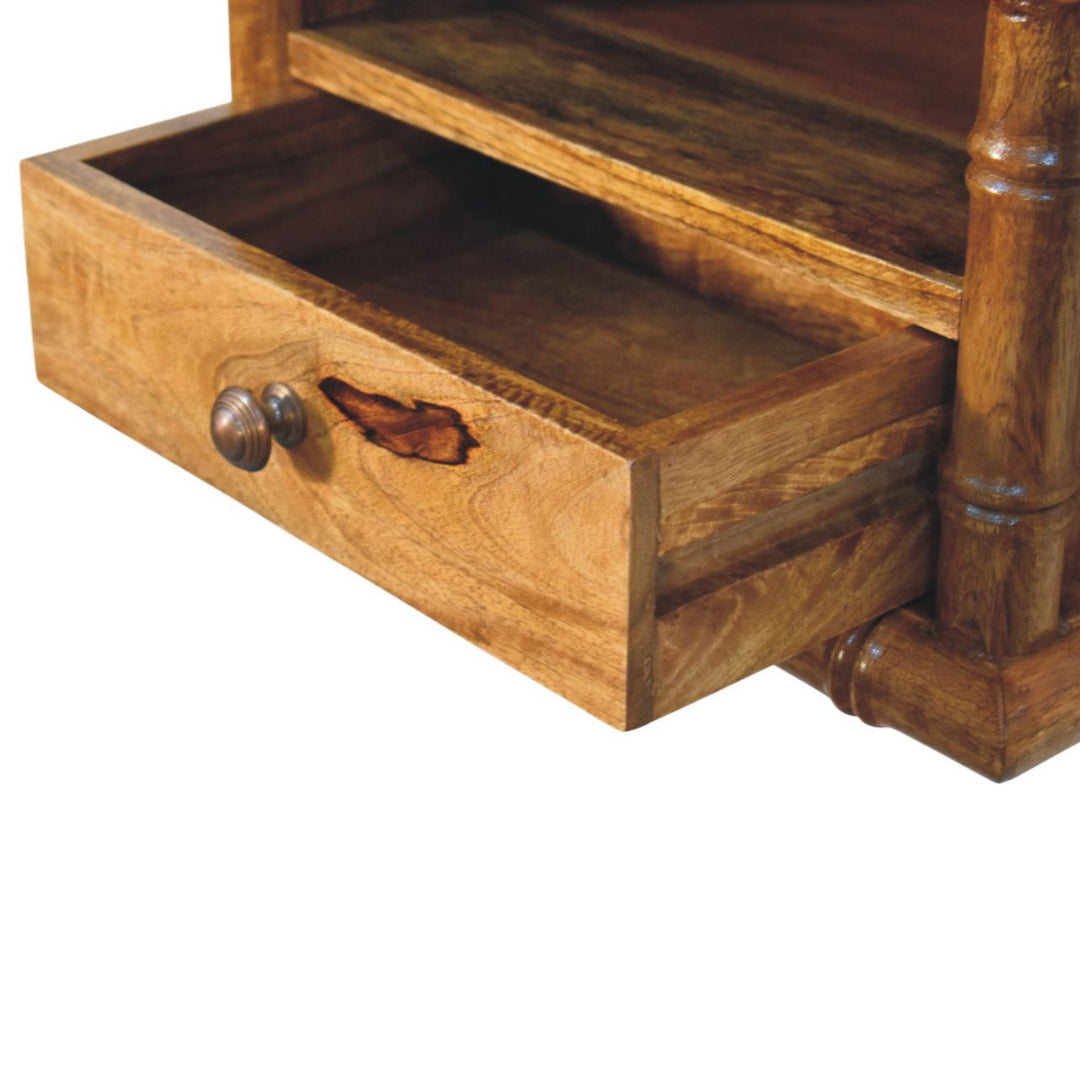 Brown Lacquered Solid Mango Wood Chunky Bedside with 1 Drawer, 1 Open Shelf & Tapered Legs