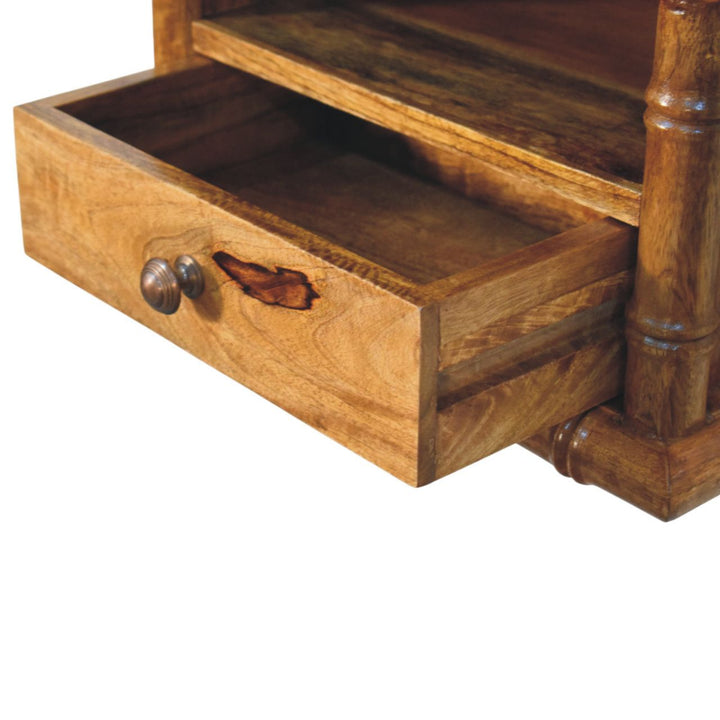 Brown Lacquered Solid Mango Wood Chunky Bedside with 1 Drawer, 1 Open Shelf & Tapered Legs