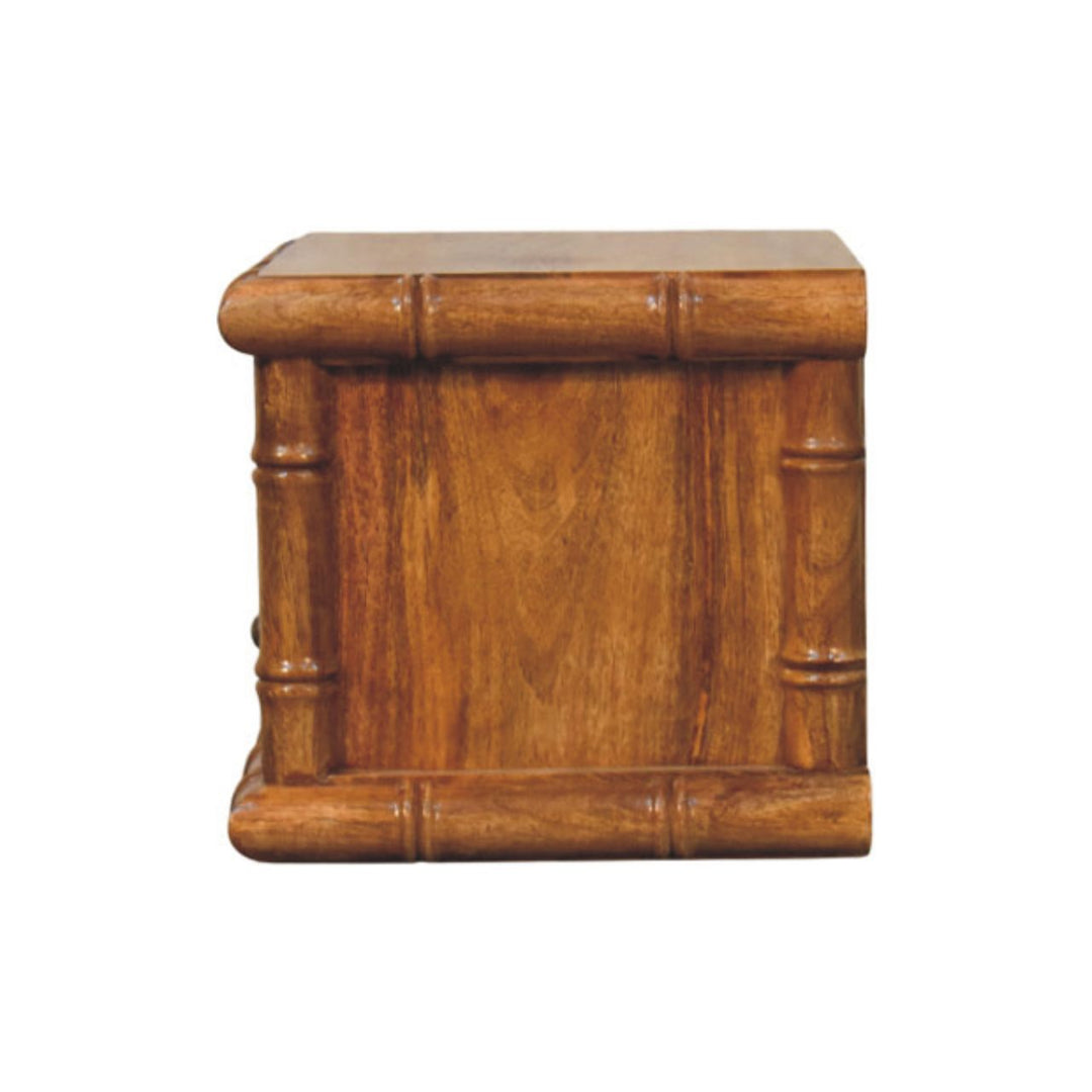 Brown Lacquered Solid Mango Wood Chunky Bedside with 1 Drawer, 1 Open Shelf & Tapered Legs