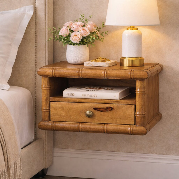 Brown Lacquered Solid Mango Wood Chunky Bedside with 1 Drawer, 1 Open Shelf & Tapered Legs