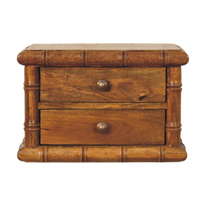 Brown Lacquered Amber Oak Solid Mango Wood Chunky Bedside with 2 Drawers & Spindle Design