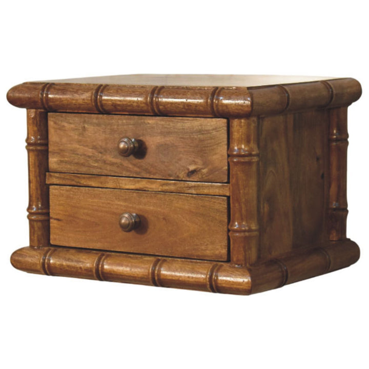 Brown Lacquered Amber Oak Solid Mango Wood Chunky Bedside with 2 Drawers & Spindle Design