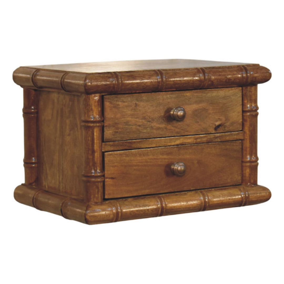 Brown Lacquered Amber Oak Solid Mango Wood Chunky Bedside with 2 Drawers & Spindle Design
