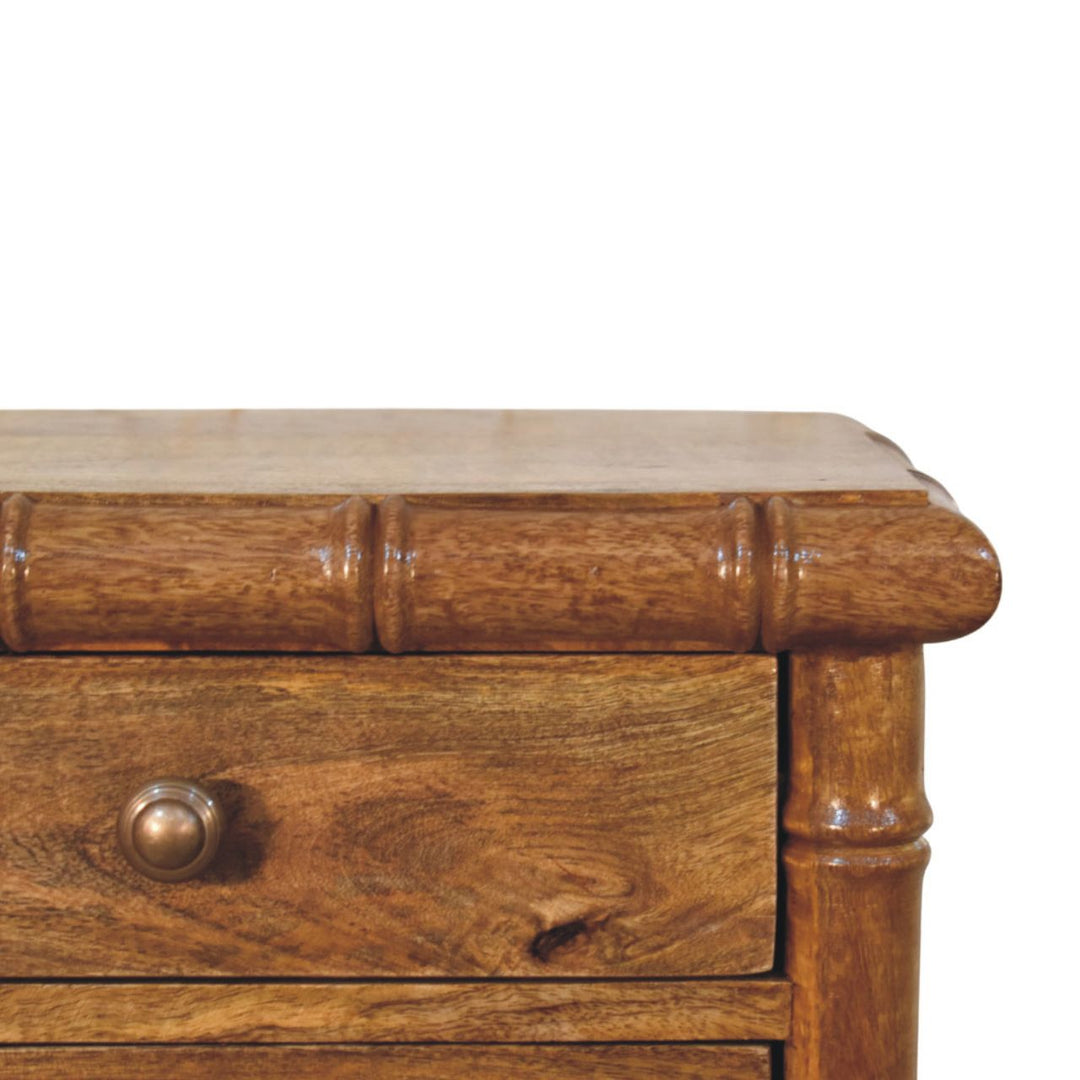 Brown Lacquered Amber Oak Solid Mango Wood Chunky Bedside with 2 Drawers & Spindle Design